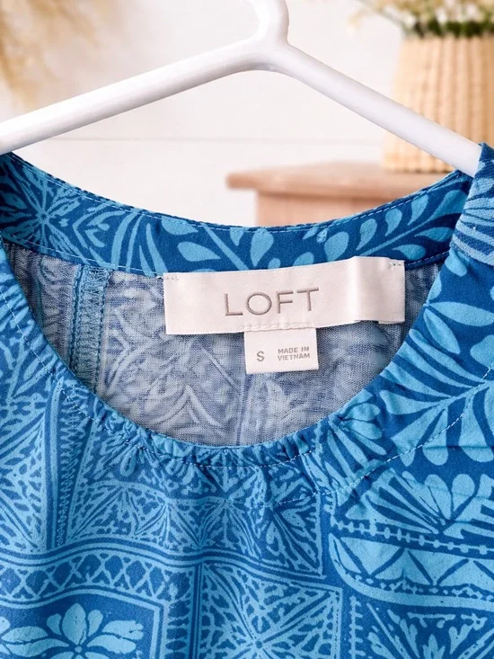 LOFT Teal Geometric Floral Patchwork Blouse Ruffle Sleeve Lightweight Top New - Picture 3 of 5